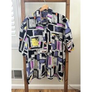 Vintage 80s Alan Stuart Shirt Mens Large Casual Button AOP Abstract Disco XL